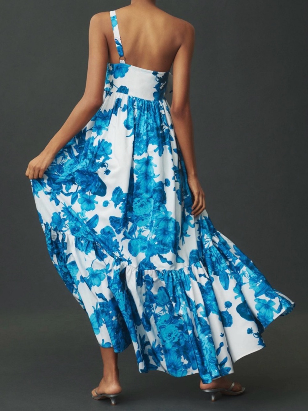 Anthropologie Atsu Sally One-Shoulder Blue Floral Midi Dress with Bow - Picture 8 of 10